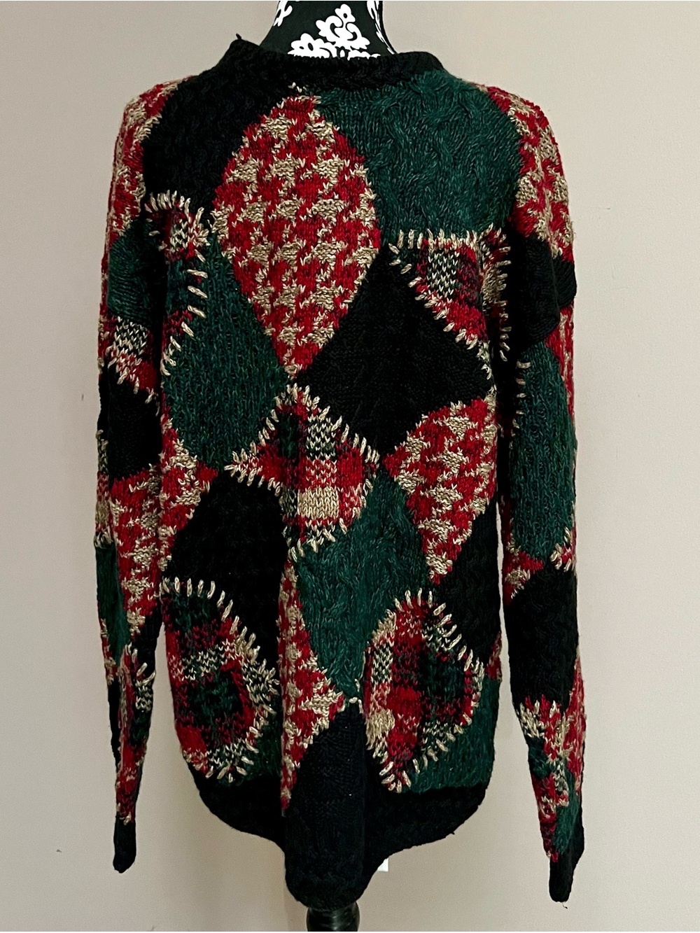 NORTHERN ISLES Hand Knit Patchwork Vintage Sweater Heavy Ramie Cotton Argyle